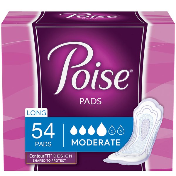 Poise Incontinence Pads, Moderate Absorbency, Long, 54 Count (Pack of 4)