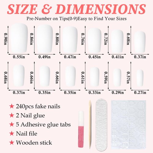 LuckForever 240pc Matte Square Press on Nails Medium Glue on Nails White Fake Nails Medium Square Acrylic Nails Press on Nails Full Cover Artificial False Fingernails with Nail Glue Adhesive Tabs