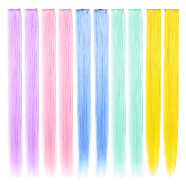 FAIRY COLOR 10 PCS Colored Hair Extensions, Multi-colors Party Highlights Clip in Heat-Resistant Synthetic Hair Extensions 21 Inch (Light blue Light pink Light green Light purple Yellow)