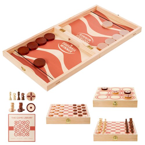 RM ROOMERS Tabletop 4-in-1 Fast Sling Puck Set,Wooden Chess Checkers Game Set,Tic Tac Toe, Travel Portable Folding Board Game for Kids and Adults,Interactive Families Toys Hockey Slingshot Table Game