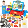 Cash Register Toy for Kids with Real Calculator, Cashier Register with Scanner/Weighter/Credit Card/ Play Money/ Food/Microphone, Pretend Play Store with Apron and Shoping Bag for Kids 4-8
