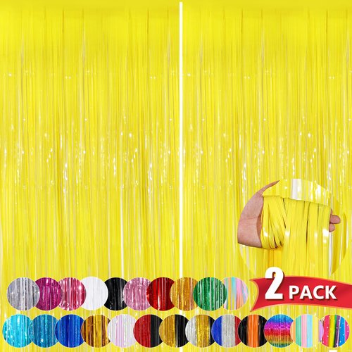 Macaron Yellow Metallic Tinsel Foil Fringe Curtains, 2 Pack 3.3x8.3 Feet Party Streamer for Birthday Party Decorations, Halloween Decor, Foil Curtain for Bachelorette Party