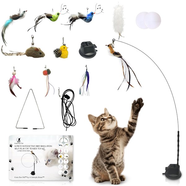 CUTIE PAW PAL Interactive Bird Simulation Cat Feather Toy Set - Suction Cup Cat Toys for Indoor Cats, Natural Feathers, Bells & Easy Clip-On, Perfect for Indoor Cats - 2 Free Pads, Suctions to Ground