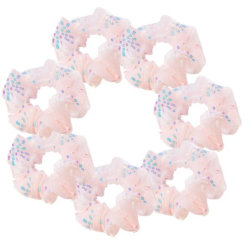 7 Pcs Sequins Dance Cheer Mesh Hair Scrunchies For Thick Hair School Performance/Sports/Practice/Party/Gymnastics Gauze Scrunchie Ponytail Holder Wrist for Girls Cosplay Show (Orange Pink)
