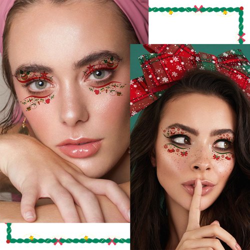 HIFANMM 10Pcs Christmas Fake Tattoos Xmas Cartoon Face Temporary Tattoos Snowflakes Snowmen Xmas Tree Santa Claus Tattoo Stickers for Adults Kids Eye Makeup Kit for Face Decor Supplies