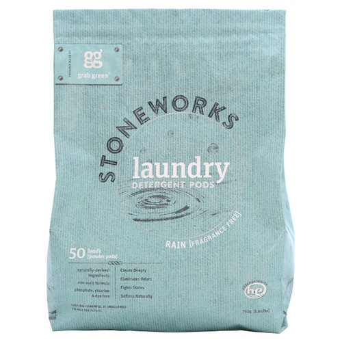Grab Green Stoneworks Laundry Detergent Pods, Powered by Naturally-Derived Plant & Mineral-Based Powder Pods, Fragrance Free Rain, 50 Count (Pack of 1) Loads-EPA Safer Choice Certified