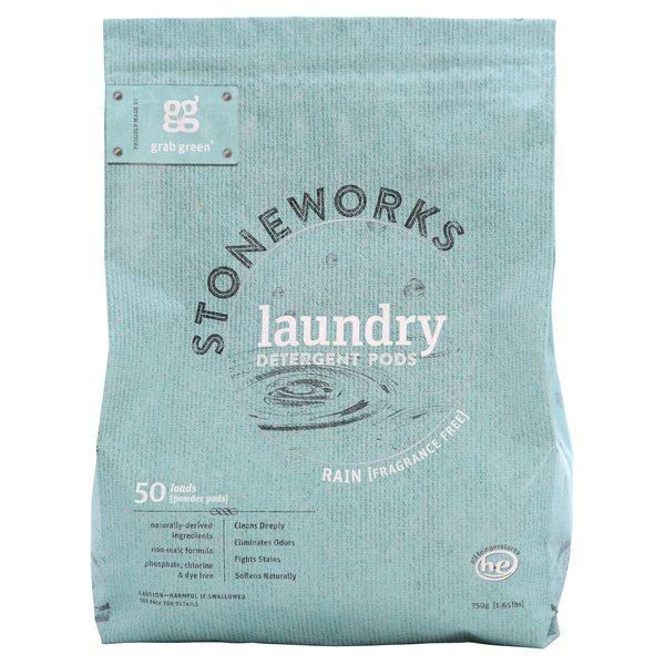 Grab Green Stoneworks Laundry Detergent Pods, Powered by Naturally-Derived Plant & Mineral-Based Powder Pods, Fragrance Free Rain, 50 Count (Pack of 1) Loads-EPA Safer Choice Certified