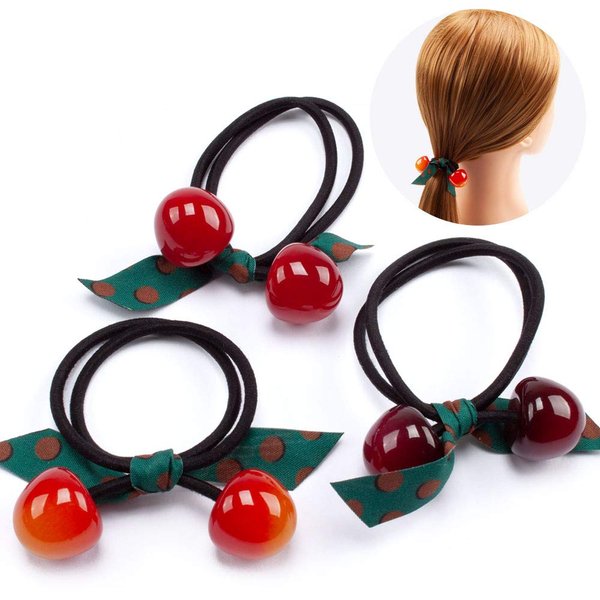 Womens Girls Red Cherry Bow Scrunchie Elastic Hair Ties Rings Ponytail Holder Hair Accessories (3 Color Set)