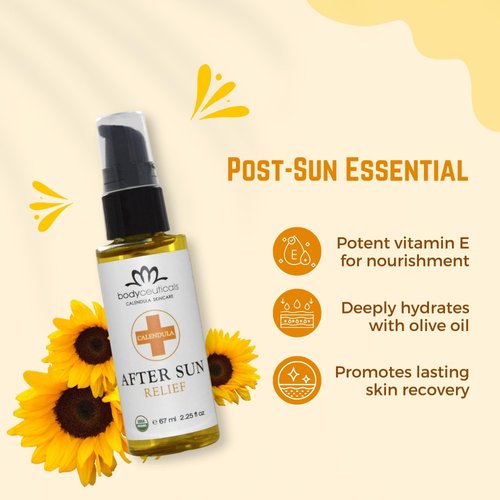 Bodyceuticals Certified Organic Calendula After Sun Relief Oil-Moisturizing Face & Body Oil | Lightweight | Normal Oily Skin | Olive Oil,Vitamin E | 2 oz