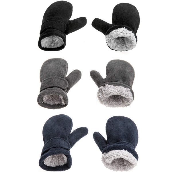 Baby Mittens Toddler Boys Girls Winter Outdoor Gloves Kids Easy-On Fleece Warm Mittens Black Gray Navy 3 Pairs L（2-4 years）