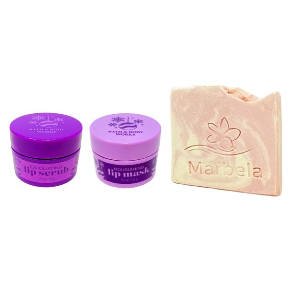 Bath & Body Works Sugar Plum Candy Exfoliating Lip Scrub and Nourishing Lip Mask with a Himalayan Salts Springs Sample Soap