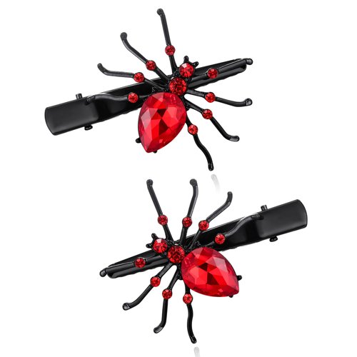 EVER FAITH 2 Pcs Halloween Hair Accessories Rhinestone Crystal Spider Hair Clip Pin Cosplay Party Gothic Animal Jewelry for Women Red Black-Tone