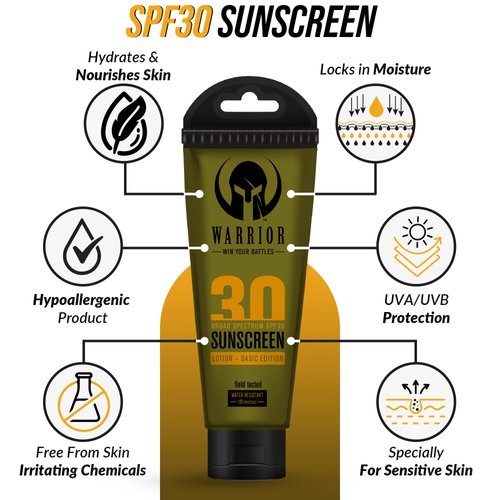 Warrior Sunscreen SPF 30 Lotion - Water & Sweat Resistant Body Lotion with SPF - TSA Compliant, Non-Mineral Formula, Camo Presentation, Biodegradable, Broad Spectrum Sunscreen SPF30 - (3 Oz)