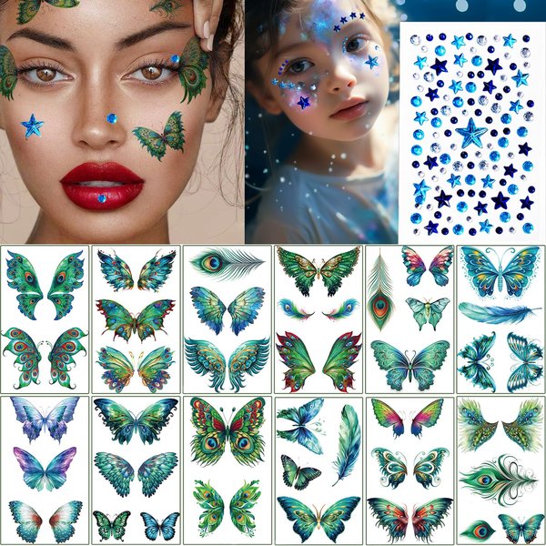 13 sheets Glitter Butterfly Temporary Tattoo Sticker Peacock Feather Star Rhinestone for Women Face Eye Makeup Wings Fake Tattoo Stickers Birthday Party Favors