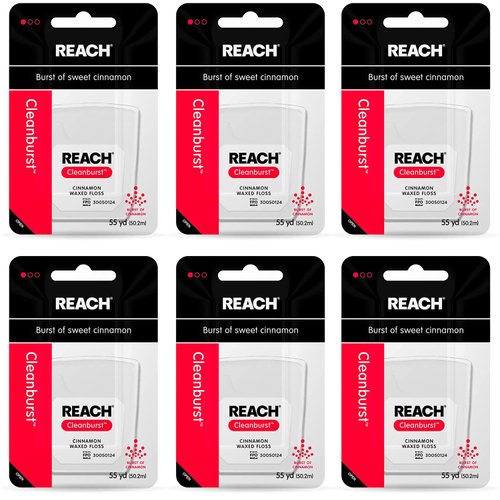 REACH Waxed Dental Floss 6 Pack Bundle, Cinnamon, Plaque Remover, Shred Resistant, Extra Wide Cleaning, Gentle on Gums & Teeth, PFAS-Free, Oral Care, for Adults & Kids, 55yd