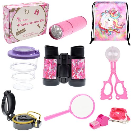 ShaqMars Kids Outdoor Adventure set Unicorn Gifts for Girls，Unicorn Backpack Binoculars Flashlight Compass Magnifying Glass Whistle Gift Box & More Kids Outdoor Toys, Pretend Play. Great Kidz Gift Set