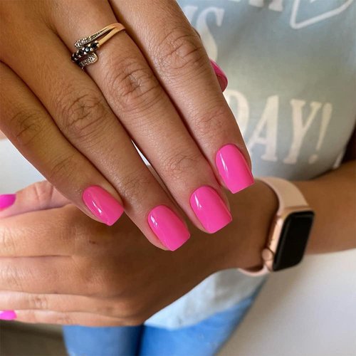 Hot Pink Square Press on Nails Short,KQueenest Gel Fake Nails Short Coffin Pure Bright Color Natural Petite Nails Kit Solid Stick on Nails Press on for Women Daily Office Manicure