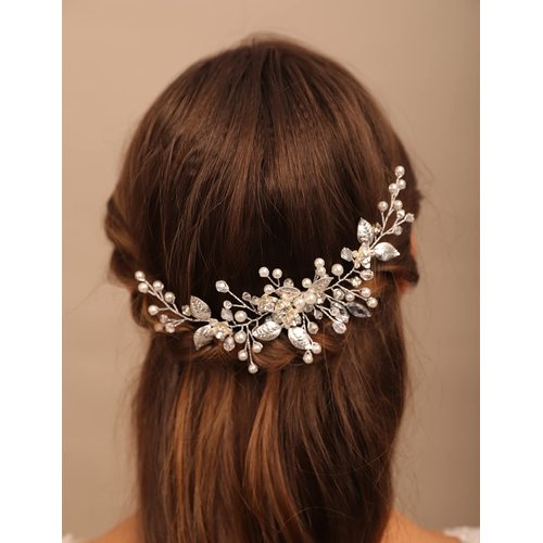 Teyglen Leaf Bride Wedding Hair Comb Silver Leaf Crystal Hair Side Comb Vintage Leaf Rhinestone Headpieces Bridal Pearl Crystal Hair Pieces Wedding Hair Accessories for Women Bride Girls