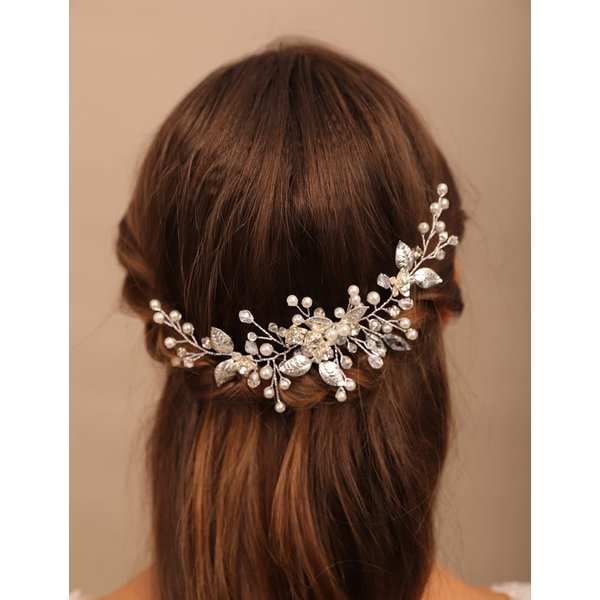 Teyglen Leaf Bride Wedding Hair Comb Silver Leaf Crystal Hair Side Comb Vintage Leaf Rhinestone Headpieces Bridal Pearl Crystal Hair Pieces Wedding Hair Accessories for Women Bride Girls