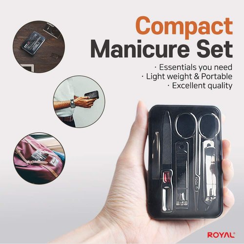 [Made in Korea] ROYAL 5 Pcs Compact Nail Clippers Set-Nail Clipper, Cuticle Remover, Nail File, Mini tweezer, Safety Scissors with Portable case Black
