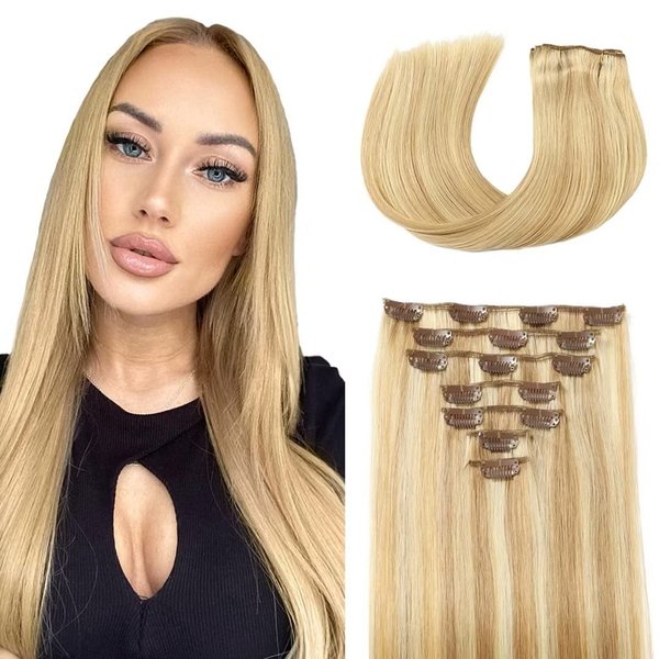 Hair Extensions Clip in Human Hair For Women 7pcs Per Set with 16Clips 70g Light Brown/Blonde 100% Remy Virgin Human Hair Clip In Extension Double Weft Clips Straight Soft Hair No Tangles 16inch