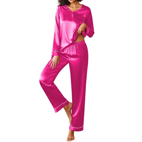 Ekouaer Silk Pajama for Women Long Sleeve Satin Pj Set Two Piece Soft Sleepwear Loungewear Rose Red M