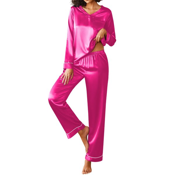 Ekouaer Silk Pajama for Women Long Sleeve Satin Pj Set Two Piece Soft Sleepwear Loungewear Rose Red M