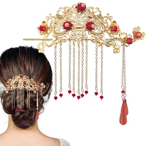 Chinese Hair Accessories for Wedding, Red Tassel Gold Hanfu Pins Pearl Flower Hair Pins, Hair Chopsticks Hair Styling Vintage Classical Sticks Long Tassel Chinese Hair Jewelry Accessories