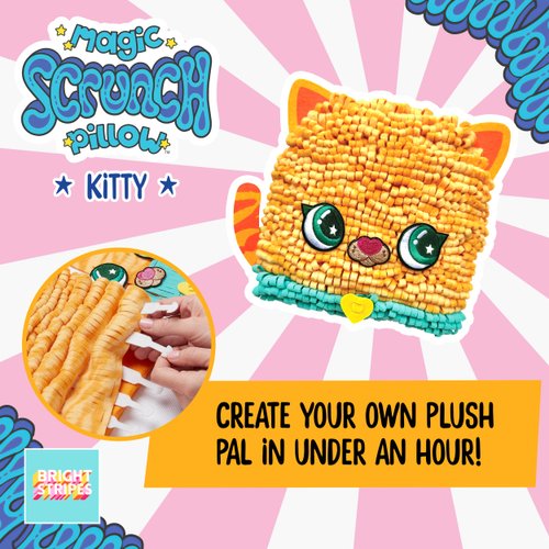 Bright Stripes Magic Scrunch Pillow Making Kit - No Sew Pillow Craft Kit for Kids - Make Your Own Pillow Kit - DIY Pillow Kit for Kids (Kitty)