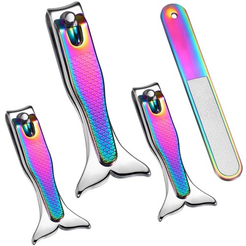 Honoson 4 Pieces Mermaid Nail Clipper Set Stainless Steel Nail Cutter Cute Nail Clippers Sturdy Fingernails and Toenail Cutter with Nail File Birthday Stocking Stuffers Christmas Gifts for Women