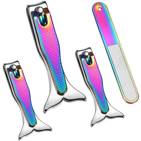 Honoson 4 Pieces Mermaid Nail Clipper Set Stainless Steel Nail Cutter Cute Nail Clippers Sturdy Fingernails and Toenail Cutter with Nail File Birthday Stocking Stuffers Christmas Gifts for Women