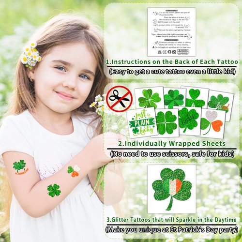 Partywind Glitter St Patrick's Day Temporary Tattoos, Shamrock Tattoos for Saint Patrick's Day Decorations, Irish Clover Accessories for Green Day Party Supplies, Kids Goodie Bag Stuffers