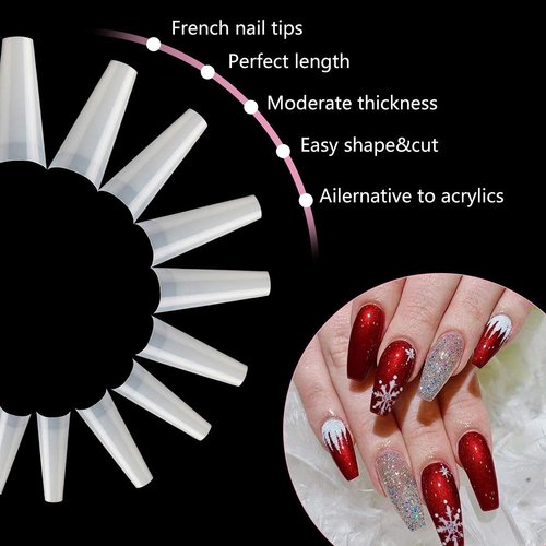 Natural Coffin Nails Tips - 500PCS French False Nail Tips for Acrylic Nails Professional,10 Sizes Long Half Cover Ballerina Nail Tips Fake Nails with Nail Clipper, Nail Buffer Polishing Block