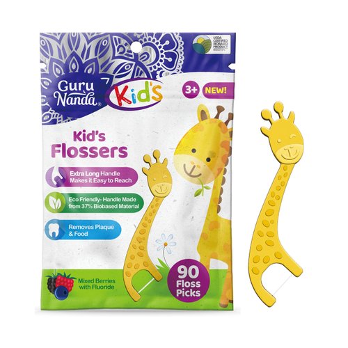 GuruNanda Dental Floss Picks for Kids, Extra-Long Giraffe-Shaped Picks with Fluoride, Anti-Slip & Shred-Resistant Design & Eco-Friendly Handle & Berry Flavor, Ideal for Ages 3+, 90 Count (Pack of 1)