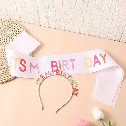 JIAHANG Letters Birthday Tiara Headband&Sash for Girls Women, It's my Birthday Crown Headband and Sash Set, Birthday Girl Headband Gifts