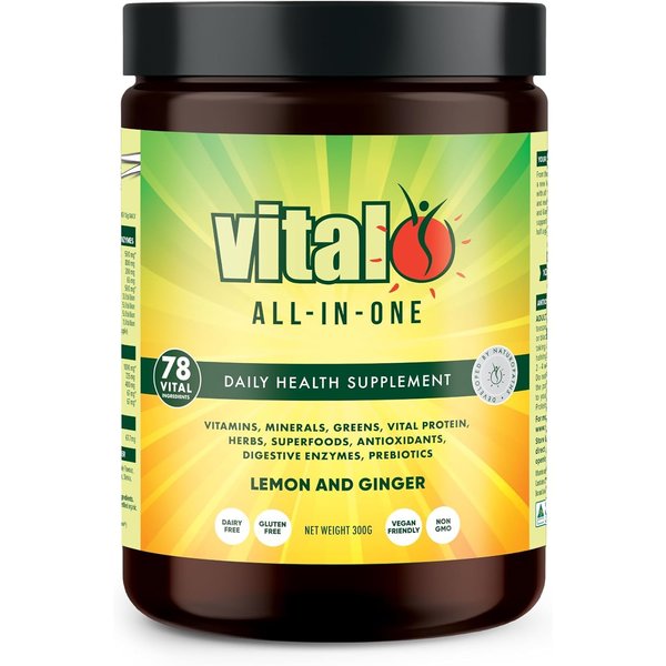 Vital All-in-One Daily Powdered Supplement - Natural Greens Superfood Powder for Energy & Health, Super Greens Powder Drink Mix with Probiotic & Antioxidant Support - Lemon & Ginger, 10.58 oz (300 g)