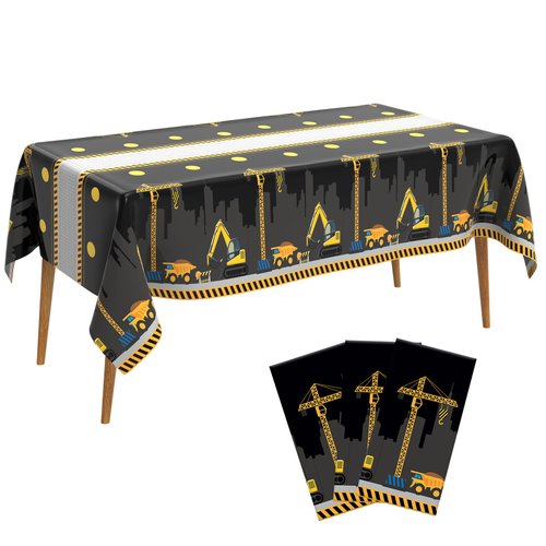 3 PCS Construction Table Cloth Plastic Disposable Construction Birthday Party Supplies Tablecloth Rectangle Dump Truck Table Covers for Kids Boys Construction Birthday Party Decorations, 54 x 108 Inch