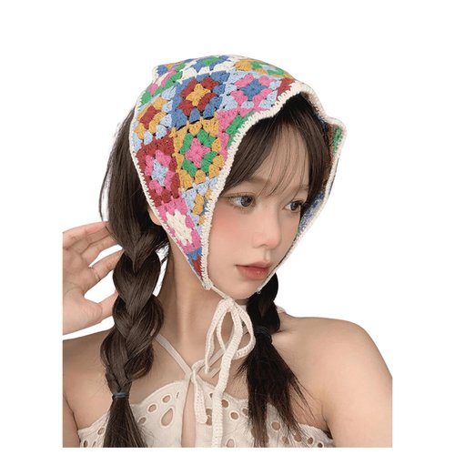 OYOANGLE Women's Boho Colorblock Floral Print Crochet Hair Bandana Knitted Hair Scarf Vintage Headbands Multicolor One-Size