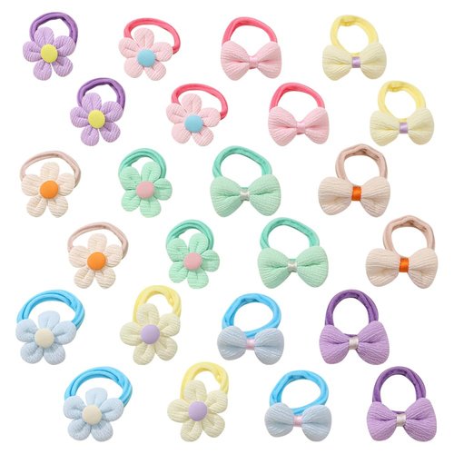 24 Pcs Soft Toddler Hair Ties with Bow Cute Flower Hair Ties Colorful Elastic Ponytail Holders Candy Color Hair Bands Baby Girl Hair Scrunchies