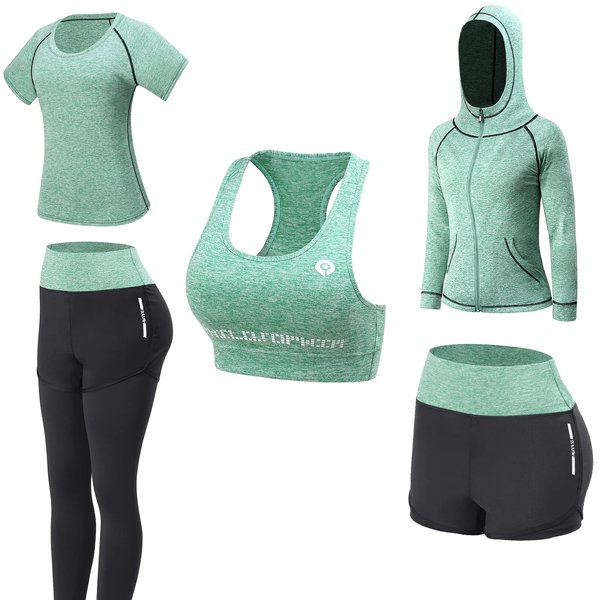 Workout Outfit Set for Women Yoga Exercise Clothes with Sport Bra Shorts Leggings(Green, M)