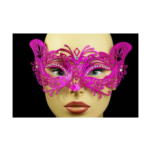 Laser Cut Venetian Halloween Masquerade Mask Costume Extravagant and Elegant Cat Detailed Inspire Design - Hot Pink w/Rhinestones