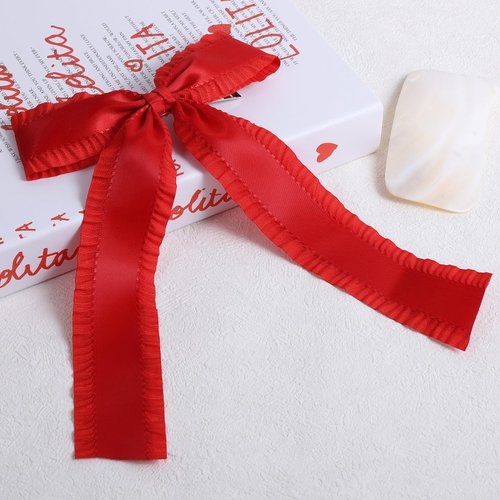 Red Ruffle Ribbon Hair Bow Clips Long Tail for Women Girls 5.5" Big Christmas New Year Satin Tassel Hair Barrettes Toddler Teens Kids Valentines Dress Decor Accessory Gift