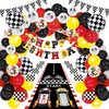 124 Pcs Race Car Birthday Party Supplies, Race Car Balloon Garland Kit with Racetrack Checked Flags HAPPY BIRTHDAY Banner Black and White Pennant Banner for Race Car Party Decorations