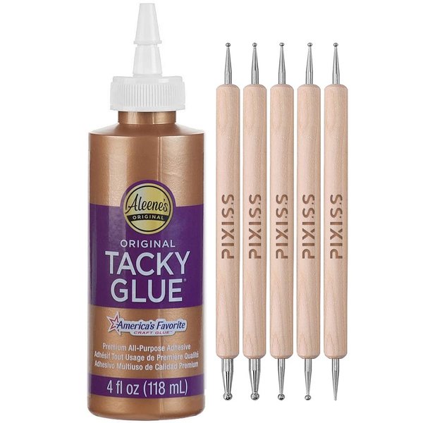 Aleene's Original Tacky Glue Craft Glue - 4Ounce, Tacky Glue, Quick Dry Tacky Glue for Crafts, Paper, Felt, Wood, Foam, Fabric - All Purpose Precision Craft Glue, Pixiss Wooden Art Dotting Stylus Pens