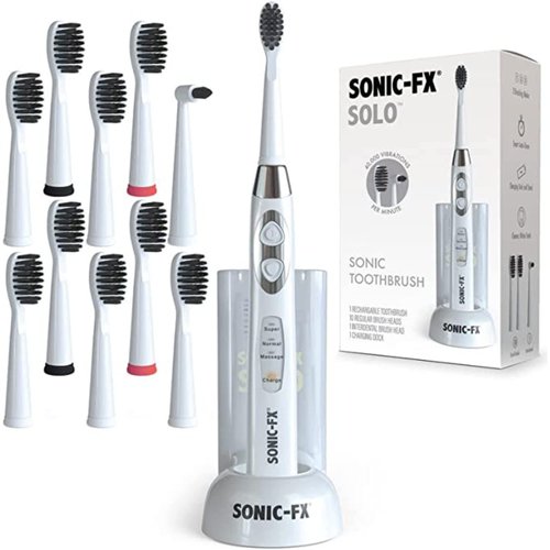 Sonic-FX Solo Electric Toothbrush w/ 10 Brush Heads + 1 Interdental, Charcoal Bristles, Rechargeable, Charging/Storage Base, 3 Brush Modes, Smart Timer, 2 Months Use on Full Charge, White Color