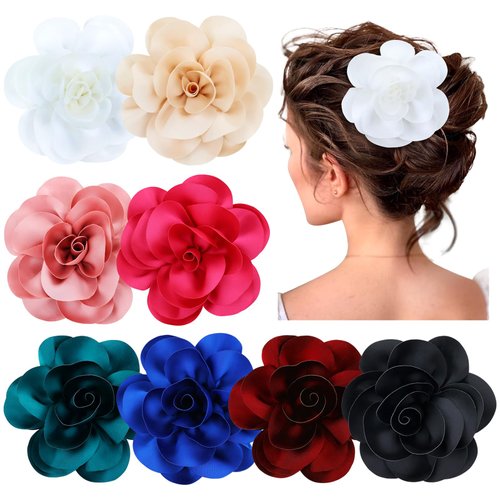 Dizila 8 Pack Decorative 13cm/5" Big Silky Satin Flower Brooch Pins Duckbill Alligator Hair Clips Barrettes Floral Hair Pins Accessories for Women Girls Teens Kids