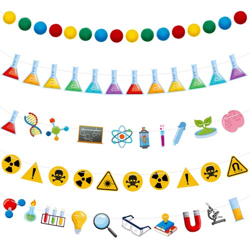Wettarn 5 Pieces Science Party Decorations Science Banner Science Birthday Party Decorations Felt Ball Garland Colorful Pom Pom Garland Chemistry Lab Hanging Garland Banner for Home