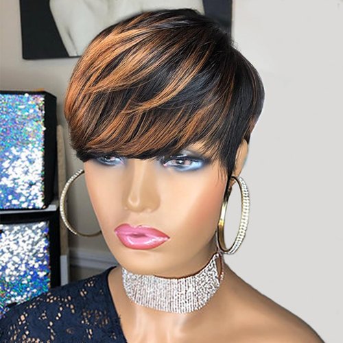 Flandi Pixie Cut Wigs for Black Women Short Layered Pixie Cut Wigs with Bangs Black with Brown Short Straight Human Hair Wigs Brazilian Virgin Human Hair Full Machine Made F1B/33 Color