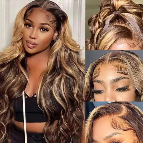 JYZ 13X4 Highlight Wavy 4/27 Colored HD Transparent Lace Front Wigs Human Hair 150% Density Brazilian Lace Front Human Hair Wigs Pre Plucked With Baby Hair For Women 20 Inch