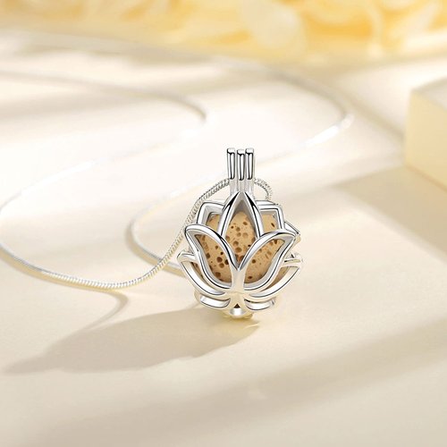 INFUSEU Essential Oil Diffuser Necklace Aromatherapy Jewelry for Women TeenGirls, Small Lotus Flower Pendant, 7 Lava Rock Stones, 24" Snake Chain